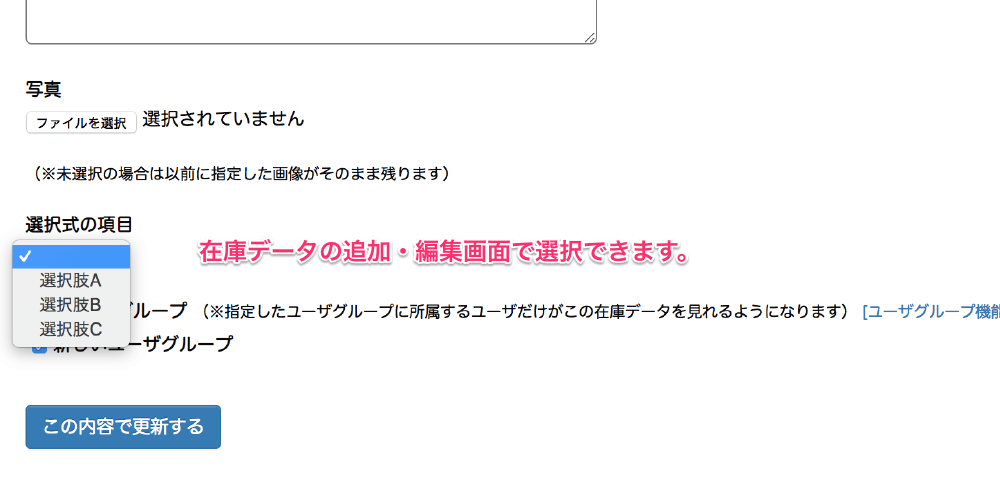 在庫データの追加・編集画面で選択できます。